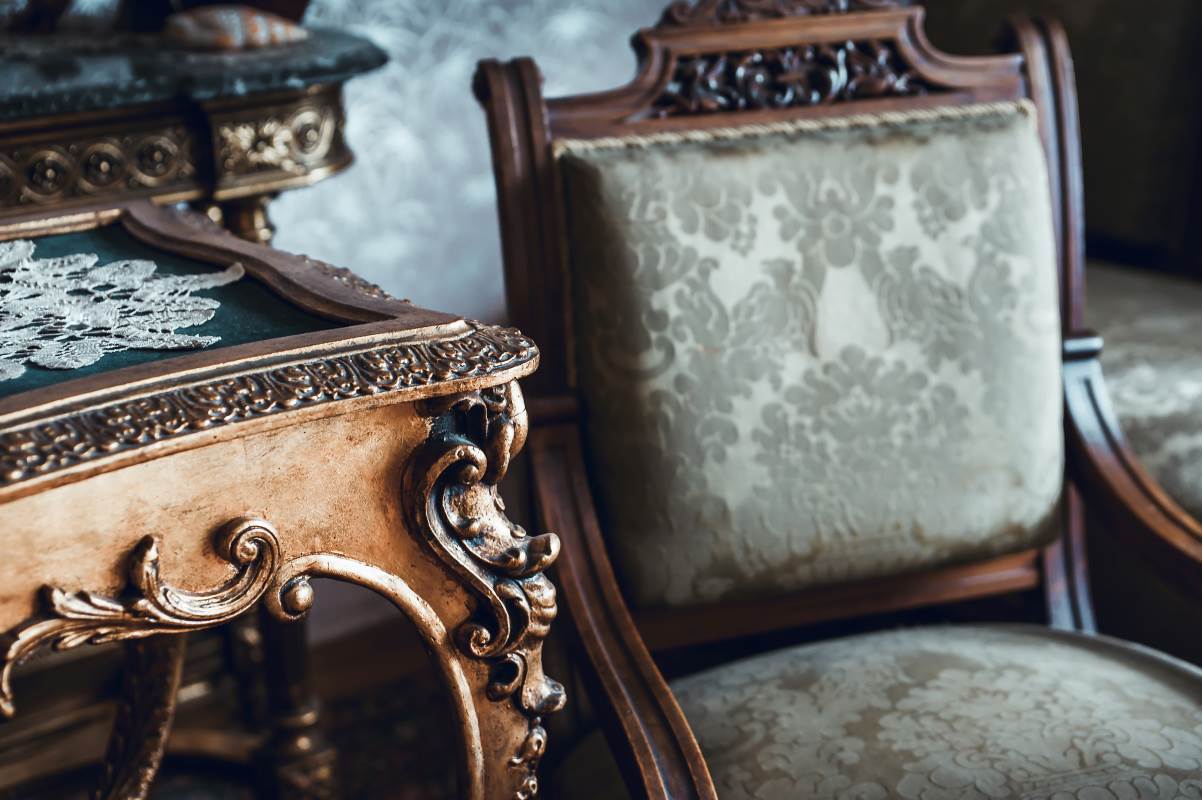 Close-up details of vintage furniture.