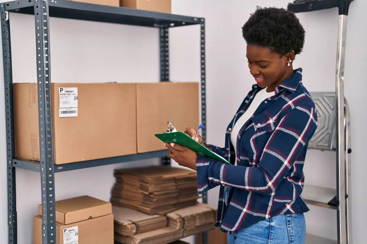 A woman indexes her business items in her commercial storage unit.