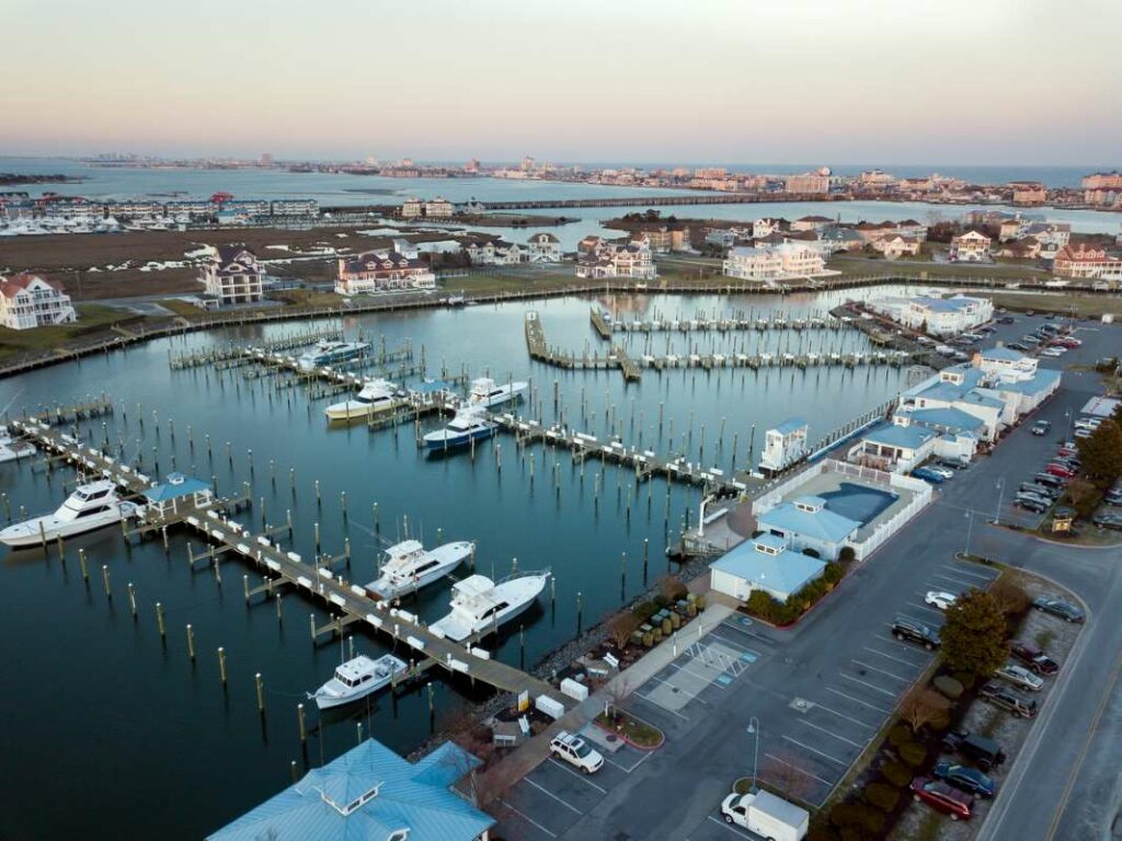 Aerial view of a fishing marina located in Ocean City, MD.