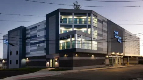 Night time exterior view of Self Storage Plus - Blair Rd.