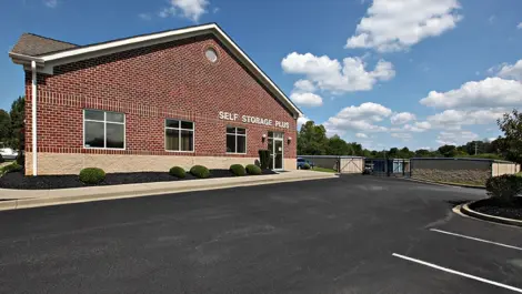 Self Storage Plus brick building from a closer view.