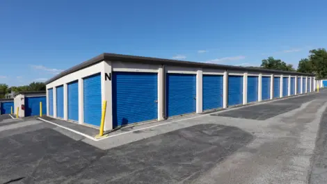 Storage units with blue doors.