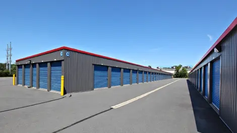 Nicely paved drive up storage units.