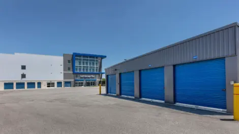 Distant view of storage facility with storage units in view.