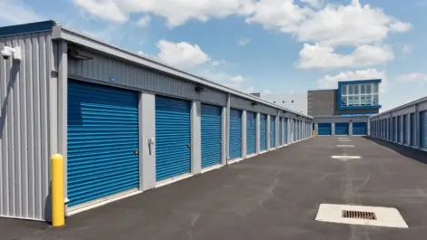 Nicely paved drive up storage units.