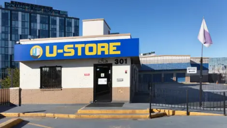 Front of U-Store building with entrance door.