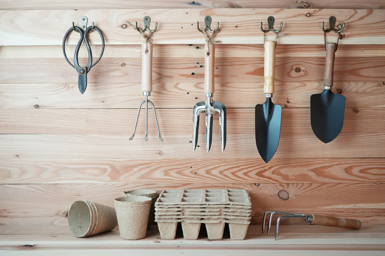 Various gardening tools hanging on a wooden wall above seed starter pots.